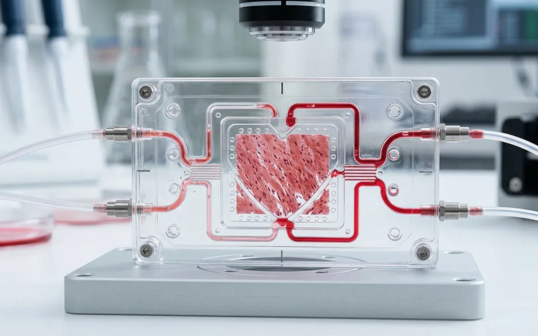 Heart-on-a-chip device with engineered cardiac tissue and microfluidic channels