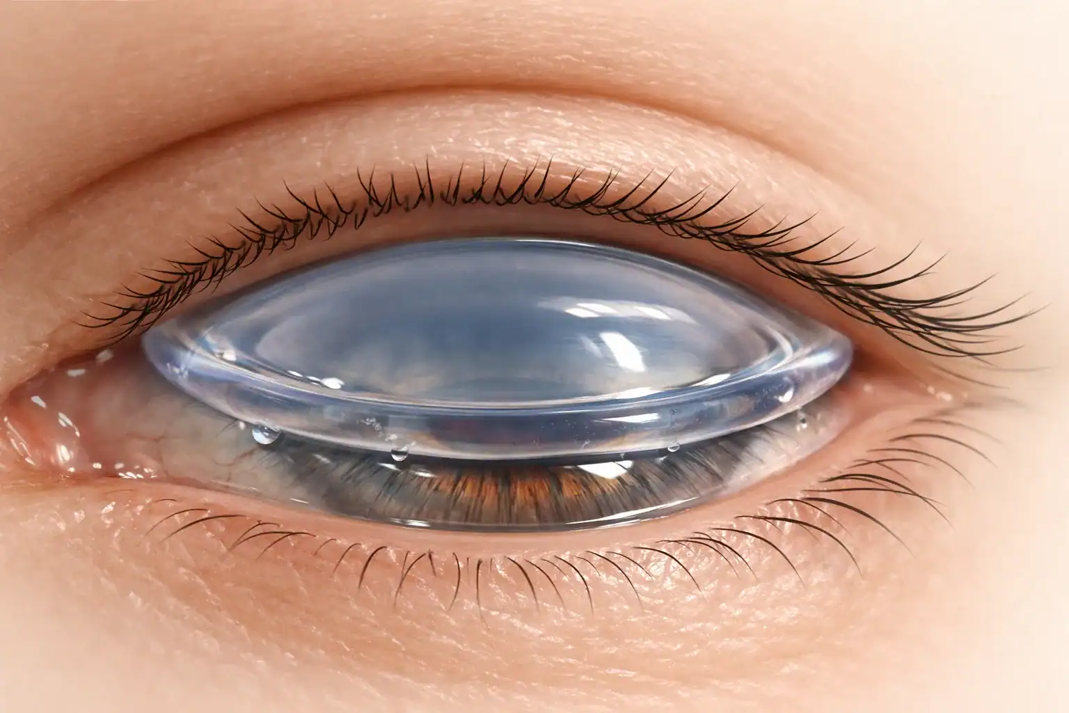Conceptual illustration of a soft contact lens deforming on the ocular surface under physiological temperature and eyelid loading.