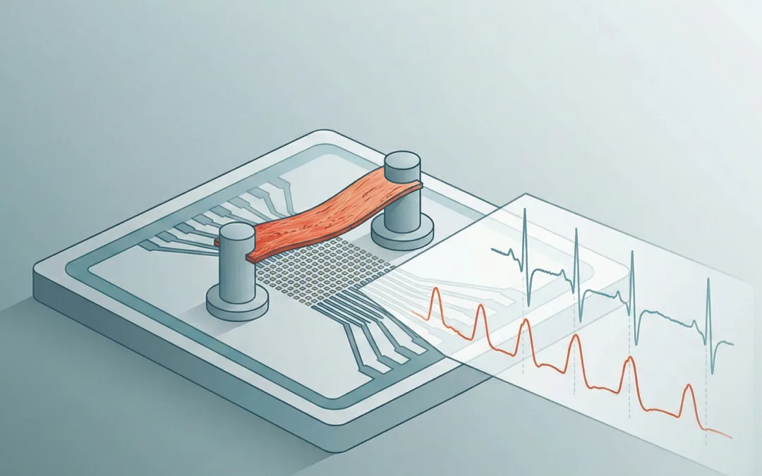 MEA contractility assay illustration showing an MEA chip with an engineered heart tissue strip over an electrode grid, with synchronized electrical and contraction force waveforms.