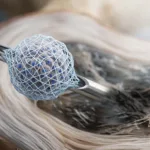 Injectable scaffolded spheroid at the tip of a needle above intervertebral disc tissue, illustrating nucleus pulposus regeneration with a 3D printed microscaffold-supported cell construct.