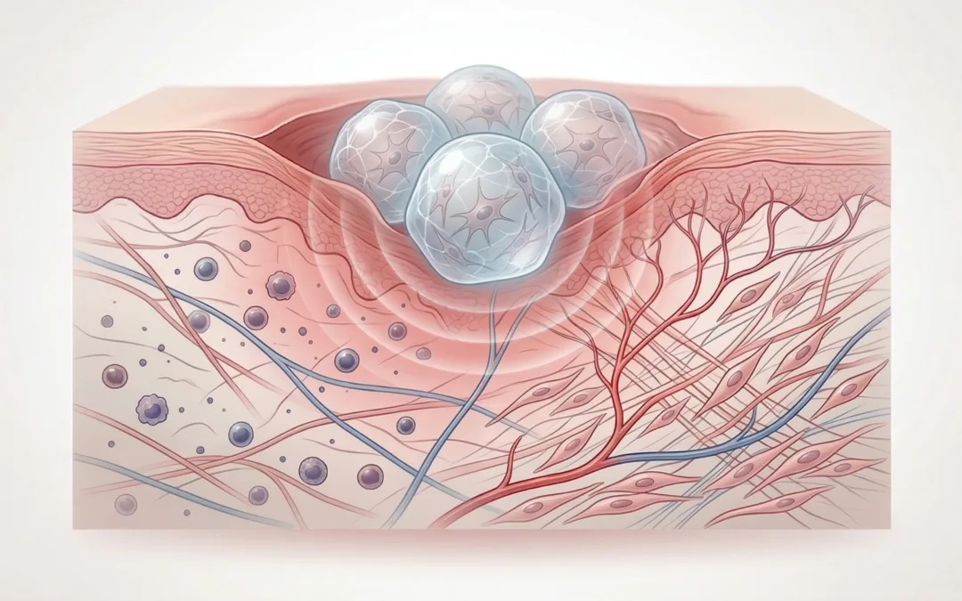 Illustration of MSC hydrogel microspheres for diabetic wound healing placed in a wound bed with inflammation on the left and tissue repair on the right