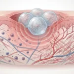 Illustration of MSC hydrogel microspheres for diabetic wound healing placed in a wound bed with inflammation on the left and tissue repair on the right