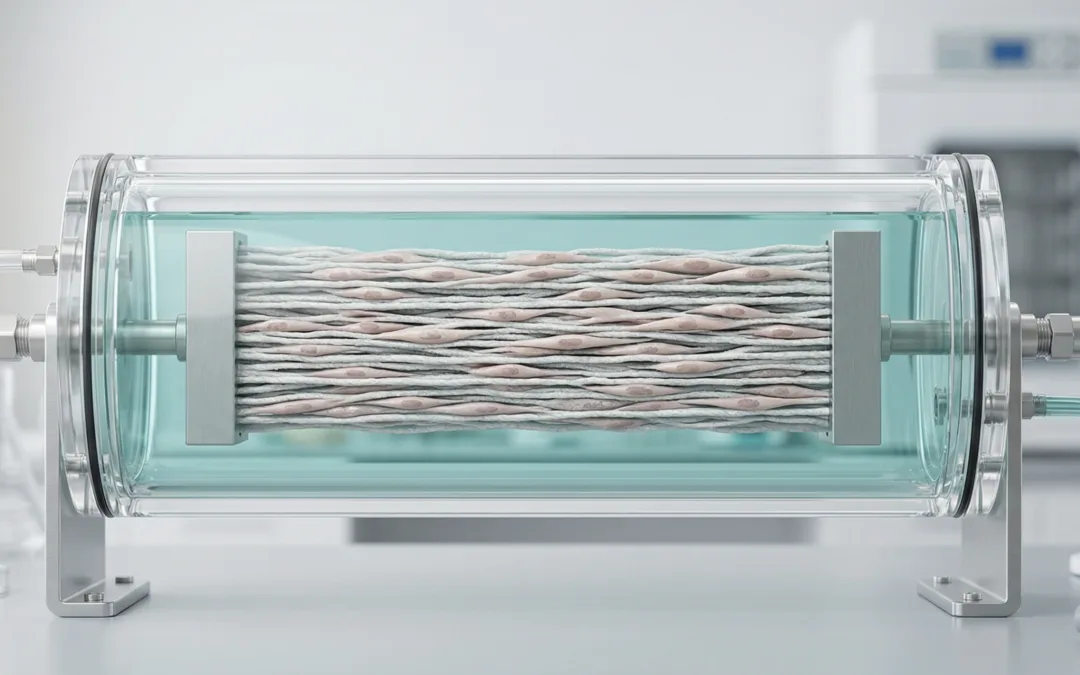 Transparent bioreactor chamber holding an aligned electrospun tendon scaffold with elongated cells oriented along the fibre direction, illustrating mechanical stimulation in tendon tissue engineering in a research lab.