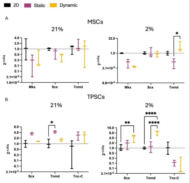 Gene expression plots showing tenogenic markers in MSCs and TPSCs under 2D, static 3D, and dynamic 3D tendon scaffold culture at 21 percent and 2 percent oxygen.