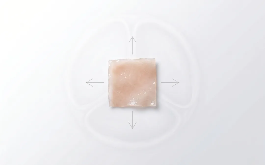 A porcine pericardium sample on a white bench, with arrows indicating biaxial mechanical testing directions