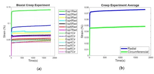 Biaxial creep results for porcine pericardium showing circumferential and radial strain over time during porcine pericardium biaxial testing