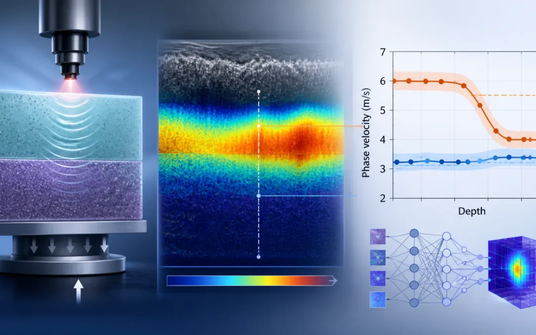 Featured illustration showing a layered tissue phantom under compression, an elastography heatmap, a phase velocity versus depth graph, and an AI neural network used to support depth-resolved stiffness analysis.